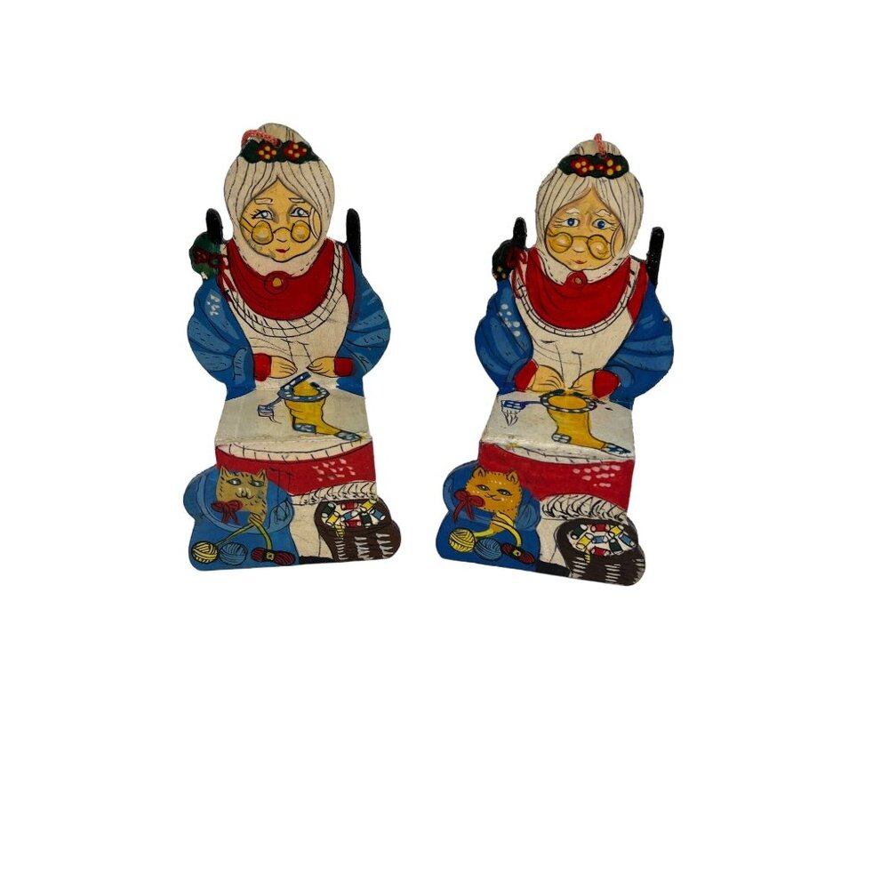VTG Hand Painted Wooden Granny and Cat Figurines Set of 2 Folk Art